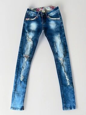 Women Sz 25 Cotton Blend Denim Jeans Pants Skinny Distressed Low Rise Dark Blue